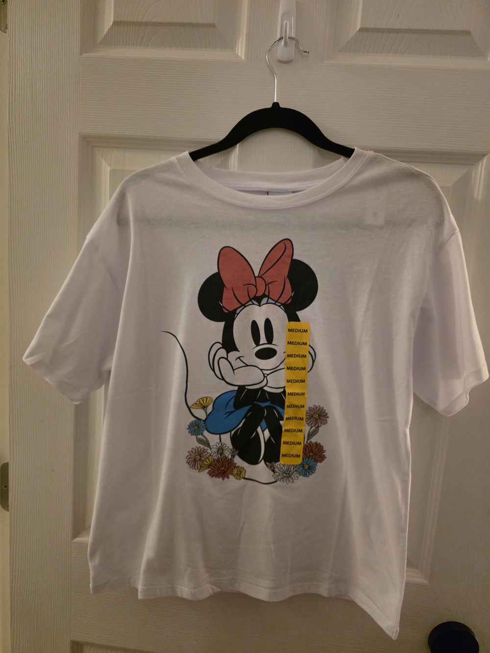 Disney White Minnie Mouse Tee with Pink Bow and Blue Accents